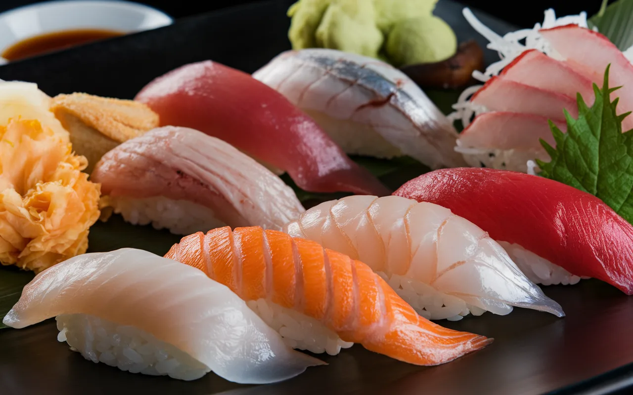 Assortiment de sushis colorés sur une assiette noire, comprenant sashimis, nigiris et wasabi, accompagné de sauce soja.