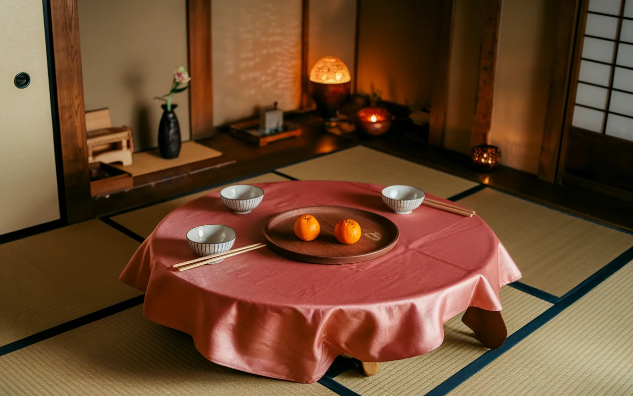 Une table basse avec un drap rose, trois bols, des baguettes et des oranges, dans une pièce de style japonais.