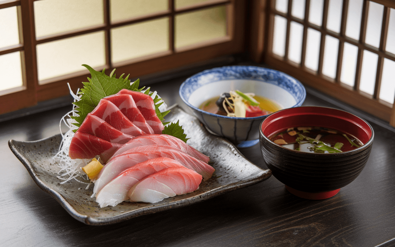 Assiette de sashimi avec diverses tranches de poisson, garnie de feuilles vertes, accompagnée de deux bols de soupe.