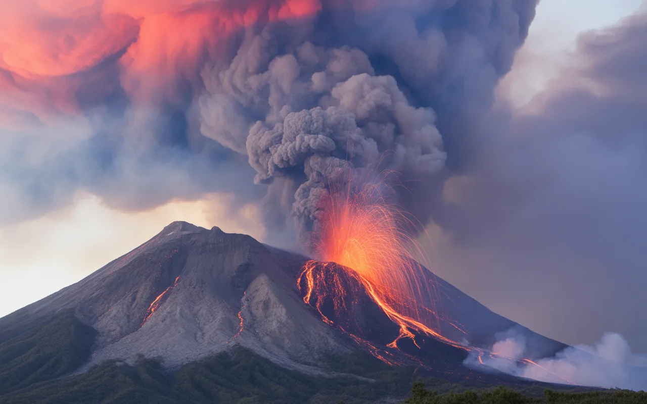 Volcan en éruption avec des coulées de lave, des explosions, et des nuages de cendres colorés dans le ciel.