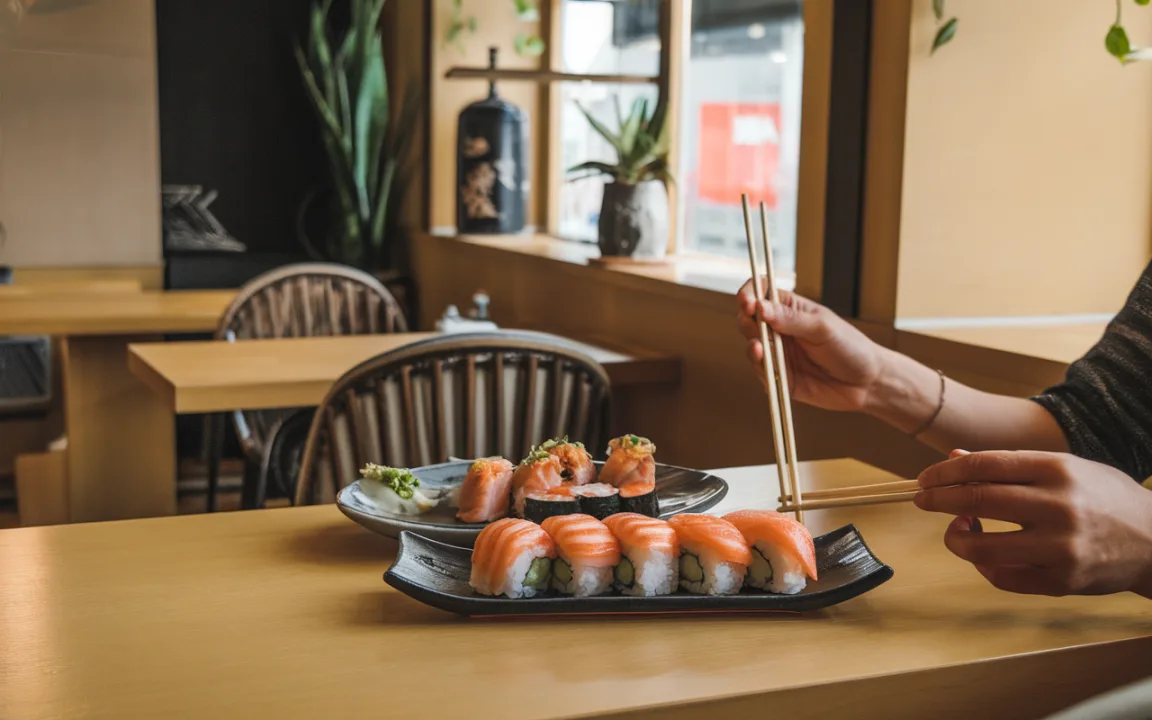 Une main tient des baguettes au-dessus d'assiettes de sushi dans un cadre lumineux et moderne d'un restaurant japonais.