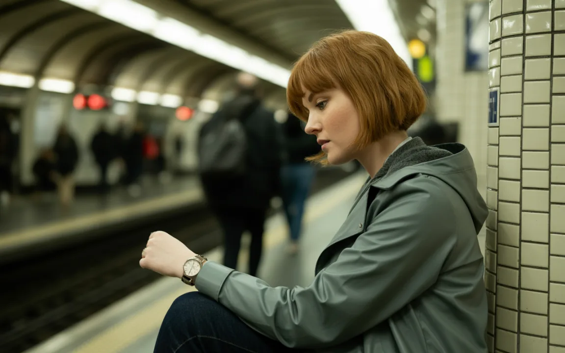 Femme au look moderne avec un manteau gris, attendant à une station de métro, regardant sa montre pendant que des passagers passent.