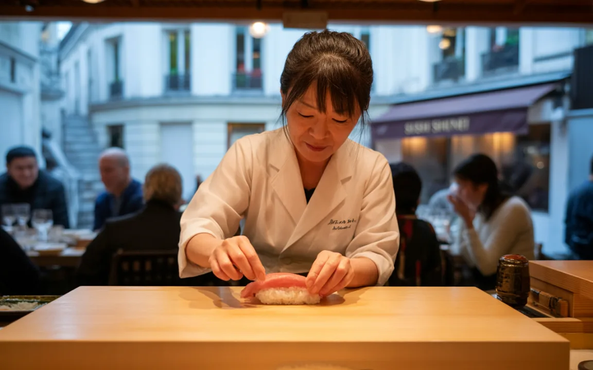 Chef sushi préparant un nigiri dans un restaurant, avec des clients en arrière-plan et une ambiance chaleureuse.