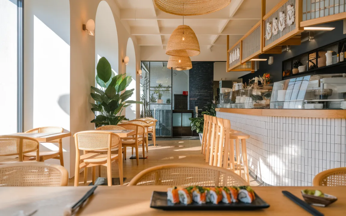 Intérieur moderne d'un restaurant avec des chaises en bois, un comptoir, des plantes et des sushis sur une table. Lumière naturelle abondante.