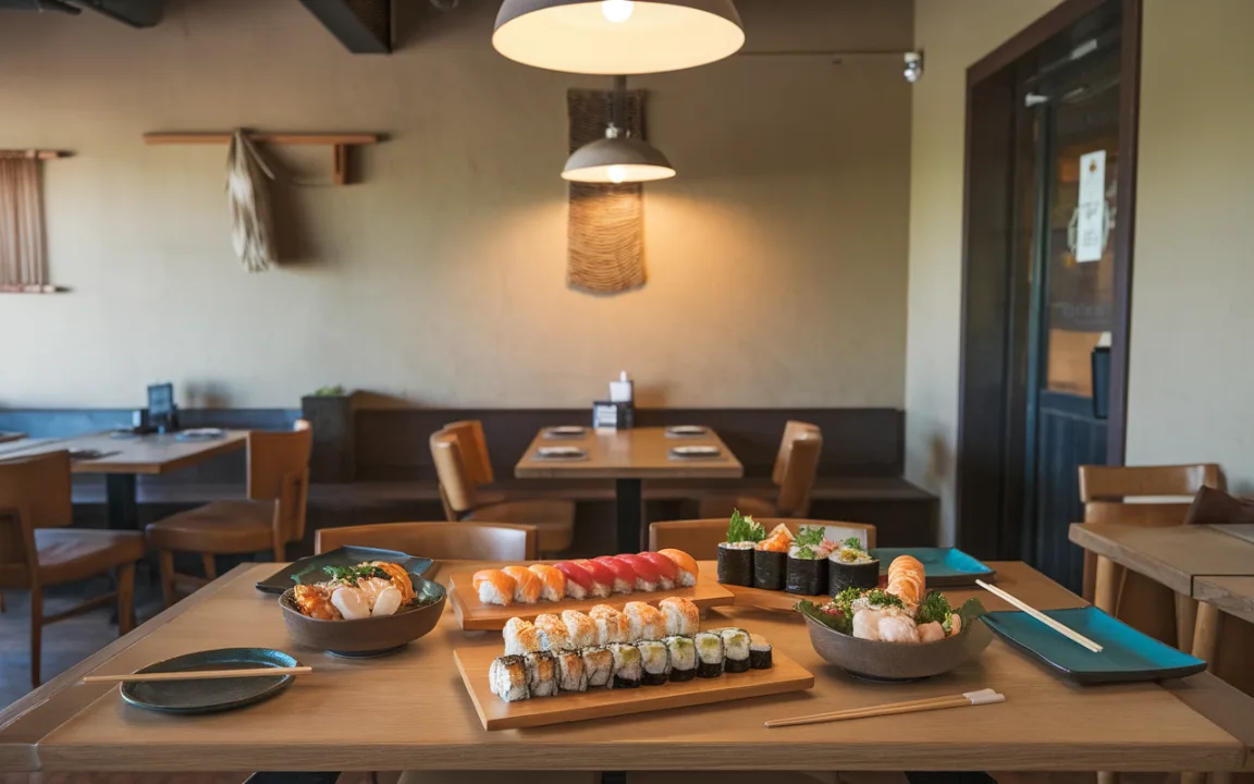 Table d'un restaurant japonais, avec plusieurs plats de sushi et sashimi présentés sur des assiettes en bois et en céramique.
