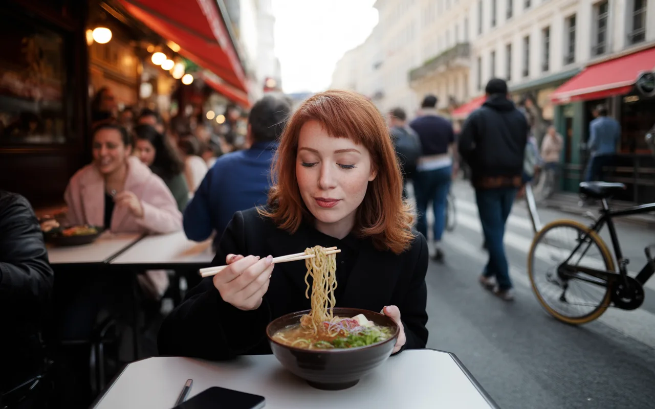 Femme aux cheveux roux mangeant des nouilles dans un restaurant animé, avec des passants en arrière-plan et une ambiance urbaine.