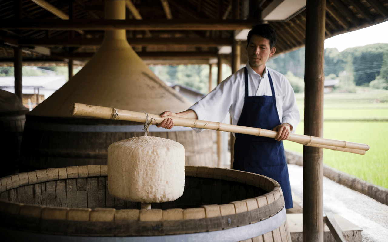 Un homme en tenue traditionnelle utilise une grande perche en bambou pour manipuler un récipient dans une distillerie.