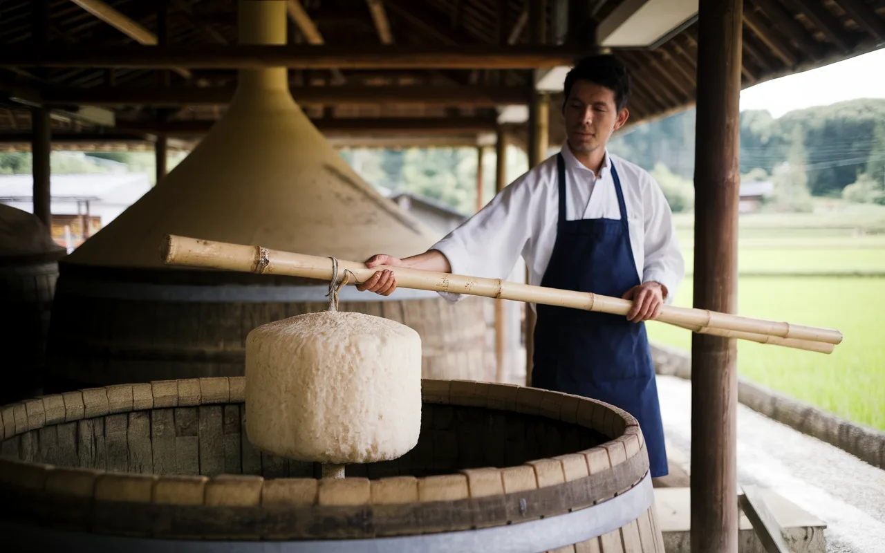 Un homme en tenue traditionnelle utilise une grande perche en bambou pour manipuler un récipient dans une distillerie.