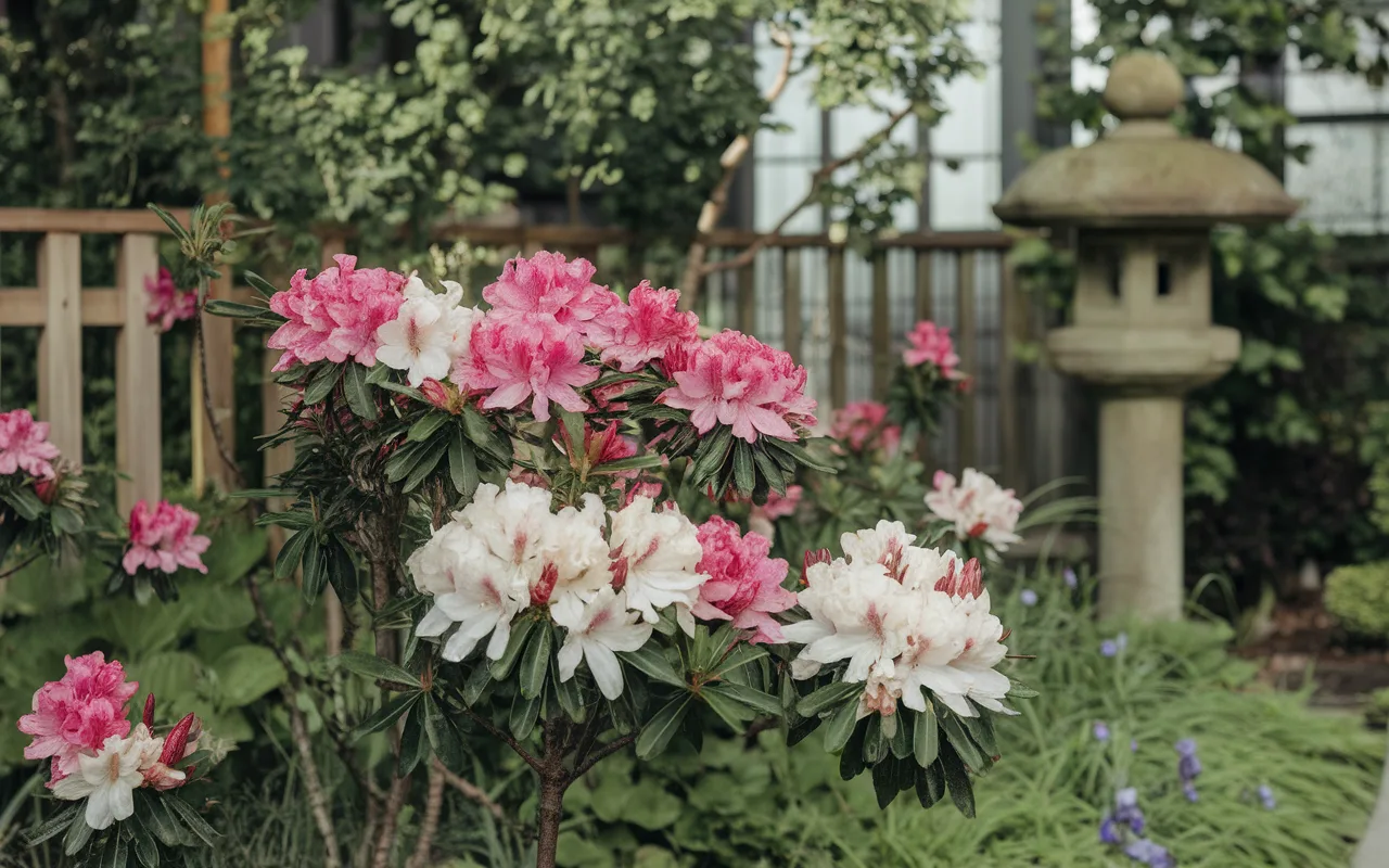 Un jardin fleuri avec des rhododendrons roses et blancs, une pierre à lanternes, et une verdure luxuriante en arrière-plan.