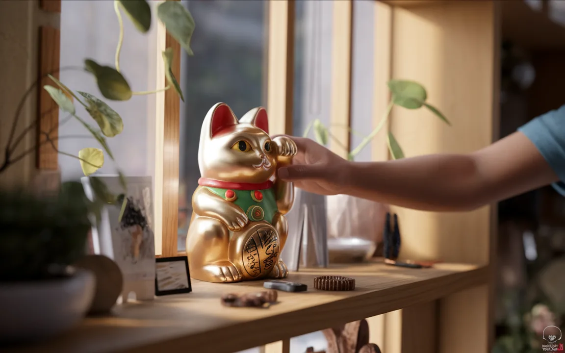 Une main touche un chat doré porte-bonheur sur une étagère, entouré de plantes et divers objets de décoration.