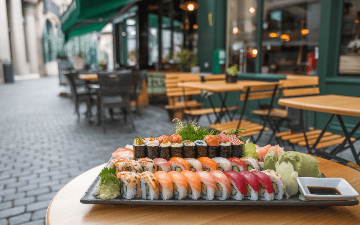 Plateau de sushi coloré avec sashimis, makis et accompagnements, sur une table en bois, dans une rue pavée avec une terrasse.