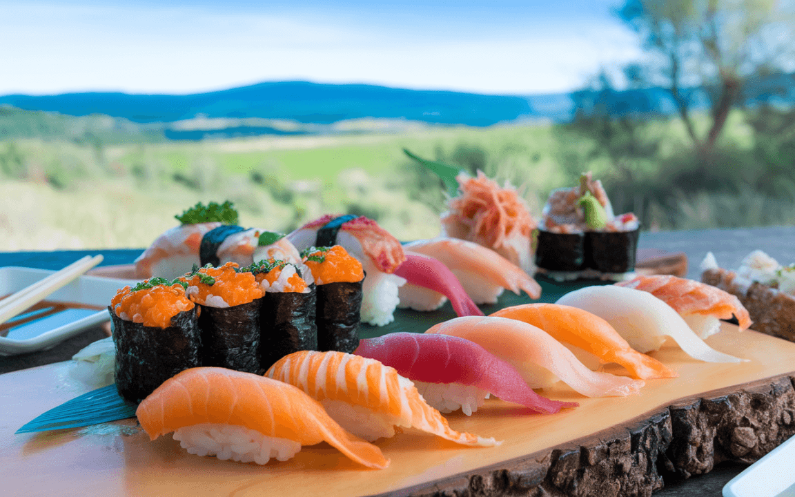 Plateau de sushis variés, incluant sashimis et makis, avec un paysage verdoyant en arrière-plan. Ambiance en plein air.
