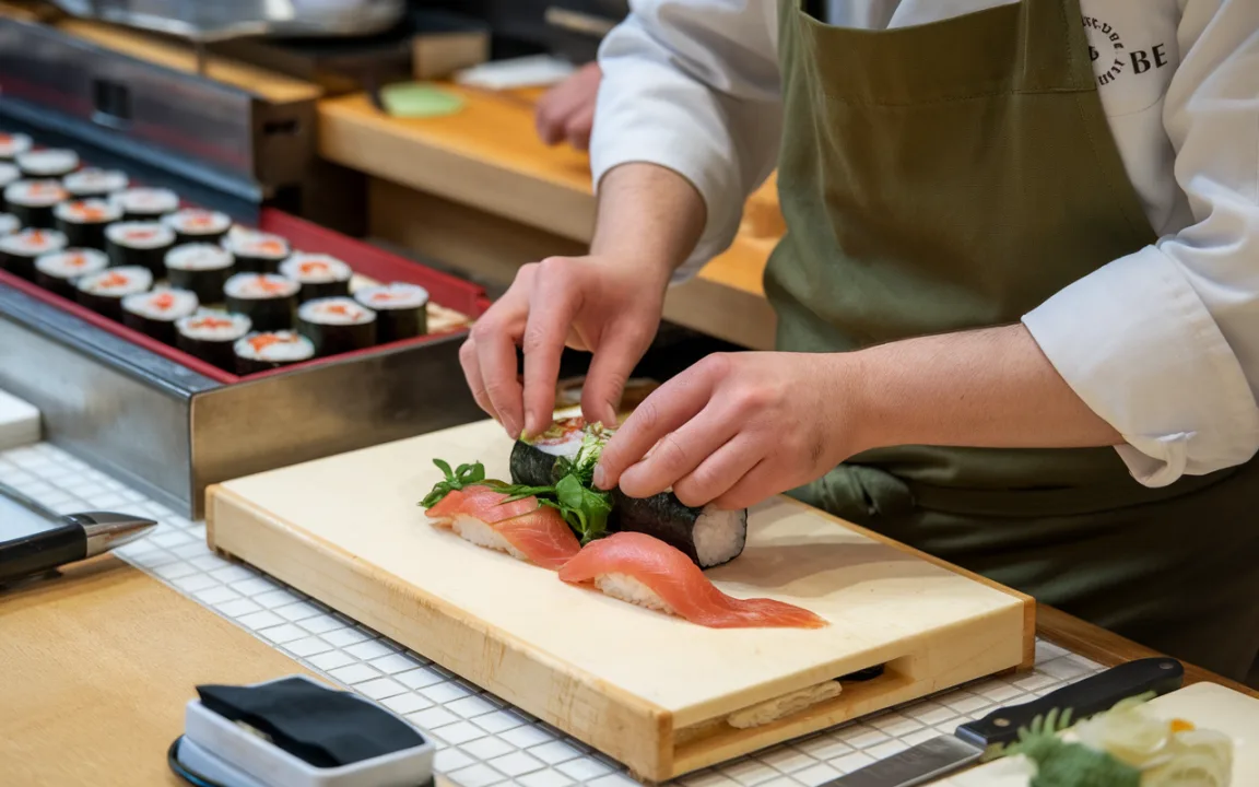 Un chef prépare des sushis sur une planche en bois, ajoutant des garnitures à un rouleau de sushi, avec du saumon frais visible.