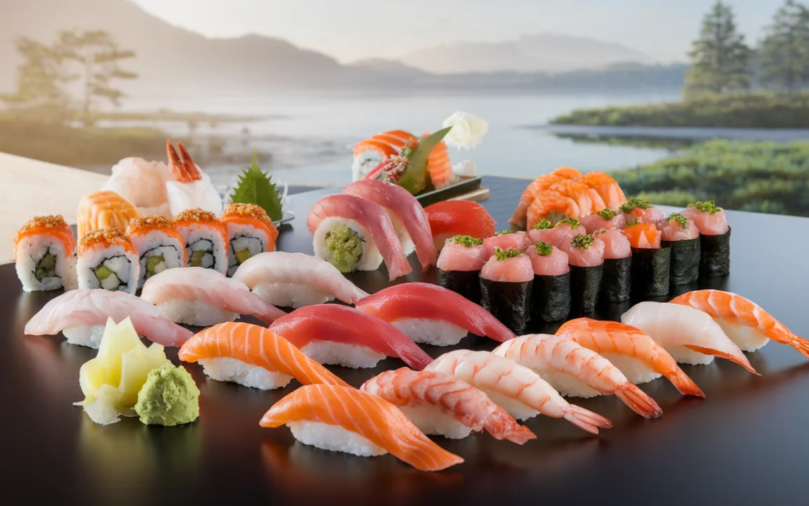 Plateau de sushi variés avec sashimi, makis et nigiris sur fond de paysage naturel, apportant une atmosphère apaisante.