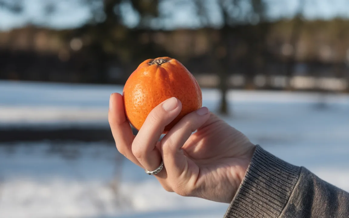 Main tenant une mandarine orange sur fond de neige. Arrière-plan flou avec des arbres, lumière naturelle douce.