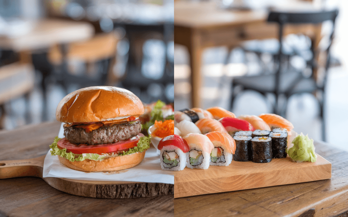Un hamburger juteux avec salade et tomates, à gauche, et un assortiment de sushis colorés, à droite, sur une table en bois.
