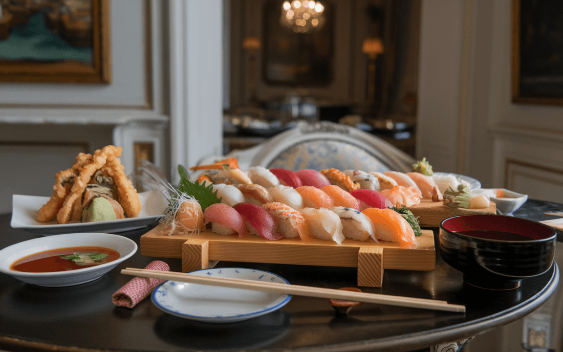 Plateau de sushi colorés avec sashimi, accompagné de tempura, sauce soja, wasabi et marquage traditionnel sur une table élégante.