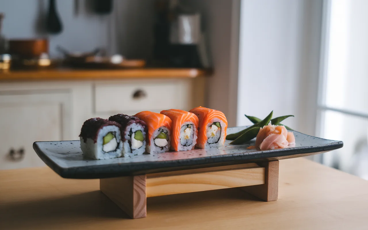 Assiette de sushi colorée avec rouleaux au saumon et avocat, accompagnée de gingembre et de wasabi, sur un support en bois.
