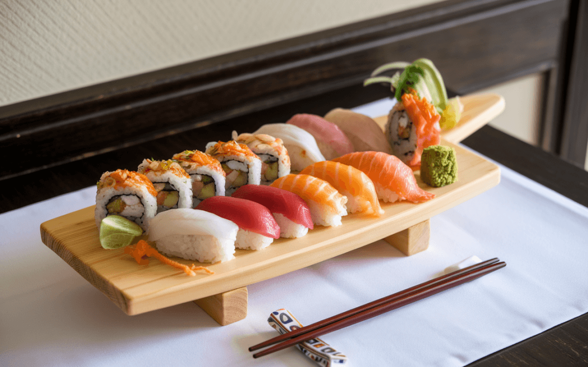 Assortiment de sushi coloré sur un plateau en bois, avec des bâtonnets et de la sauce au wasabi, sur nappe blanche.