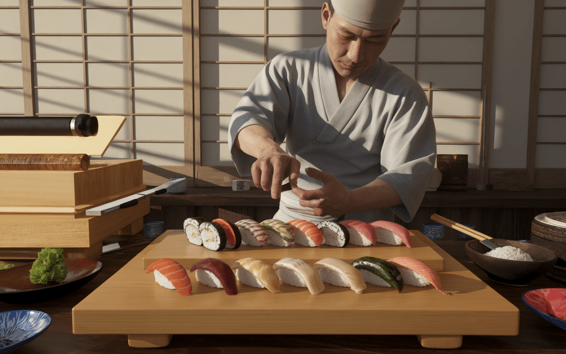 Un chef sushi en train de préparer des plateaux de sushi colorés avec des ingrédients frais dans un cadre traditionnel.
