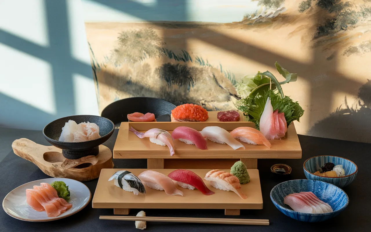 Plateau de sushi varié avec sashimi, wasabi et garnitures, sur fond artistique évoquant la nature. Lumière douce et ombres créatives.