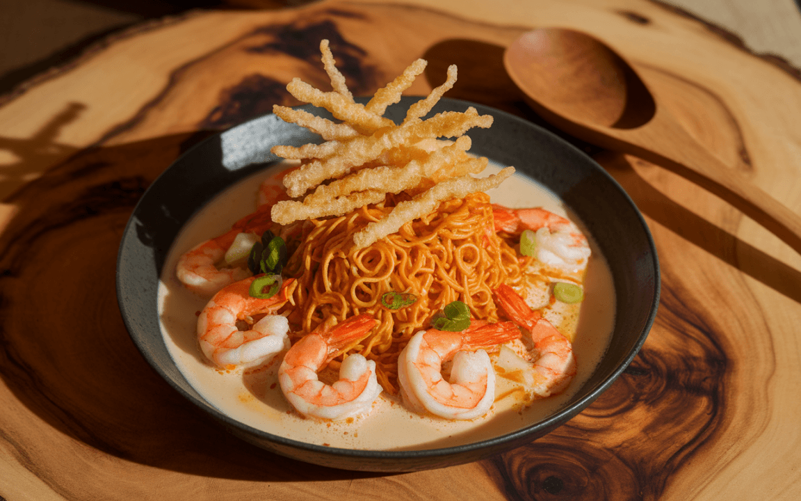 Un plat de nouilles avec des crevettes, servi dans une sauce crémeuse, garni de croustillants, sur une table en bois.