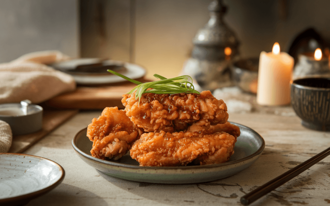 Plat de poulet frit doré, garni d'oignons verts, sur une assiette dans une ambiance chaleureuse avec lumière douce et accessoires.