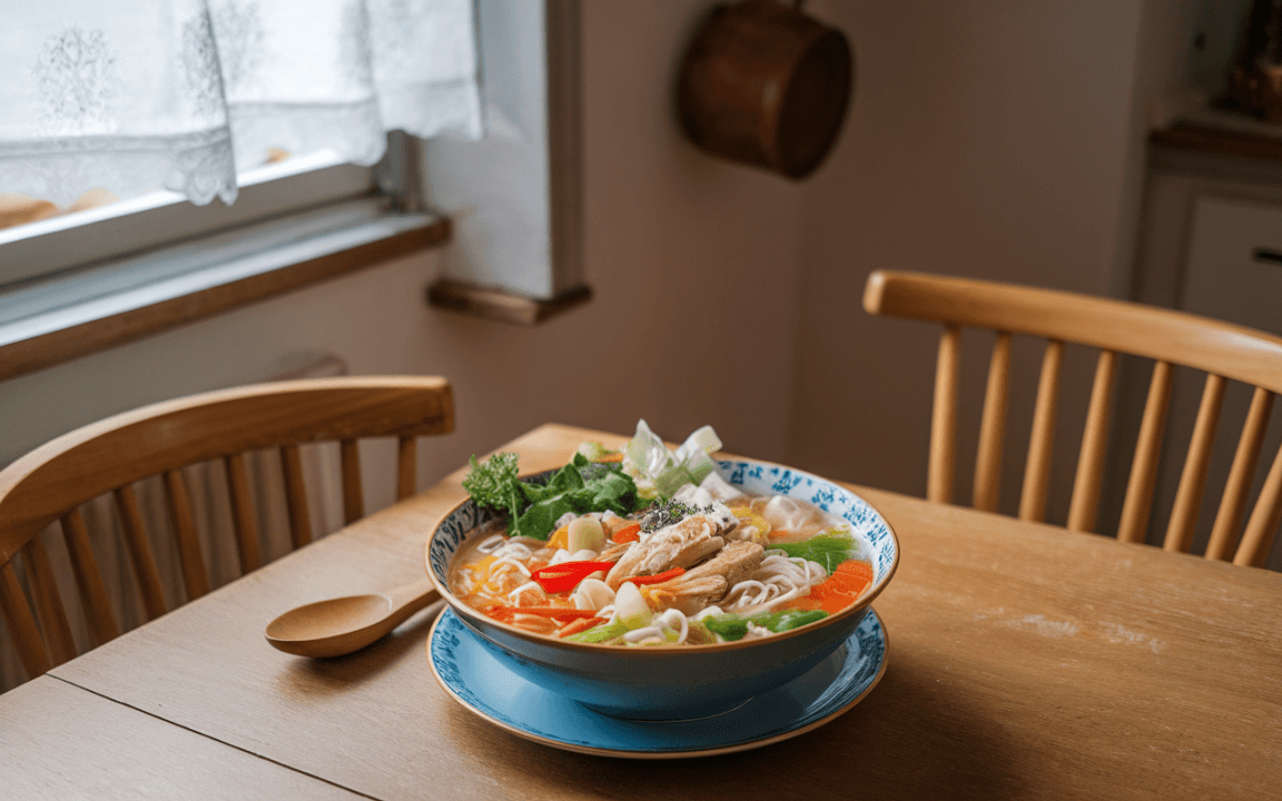 Bol de soupe avec des nouilles, légumes frais et morceaux de poulet, sur une table en bois, éclairé par une lumière douce.