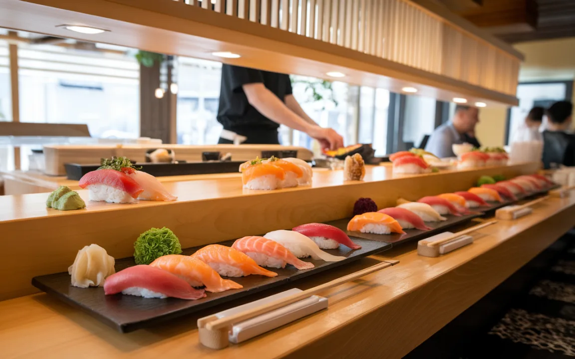 Barre de sushi élégante avec différents types de sashimi et garnitures, servie dans un restaurant à l'ambiance moderne.