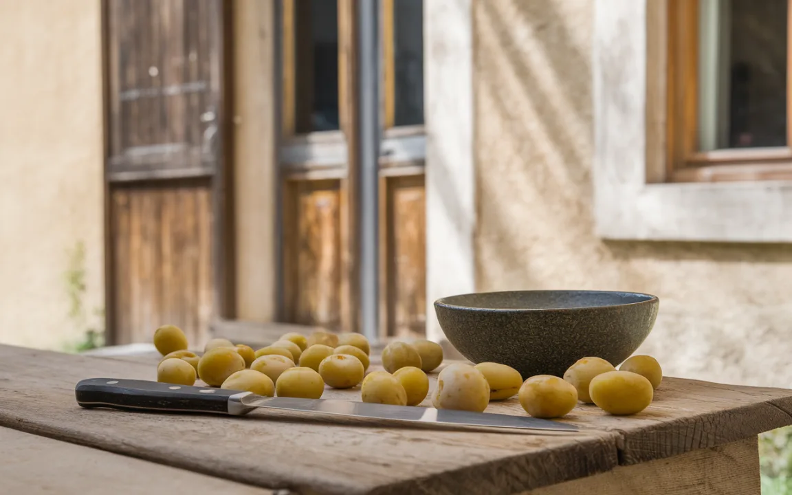 Une planche en bois avec des pommes de terre et un couteau, devant une maison avec des portes en bois.