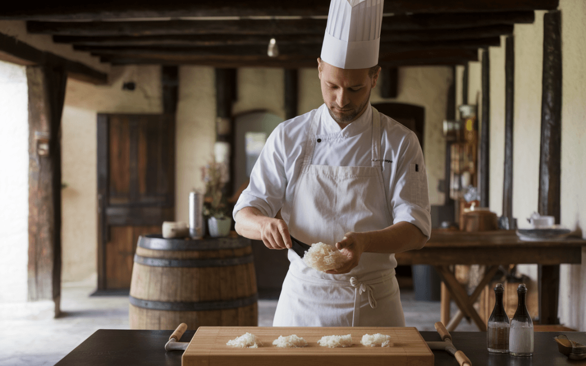Un chef cuisinier prépare des portions de riz sur une planche à découper dans une cuisine rustique.