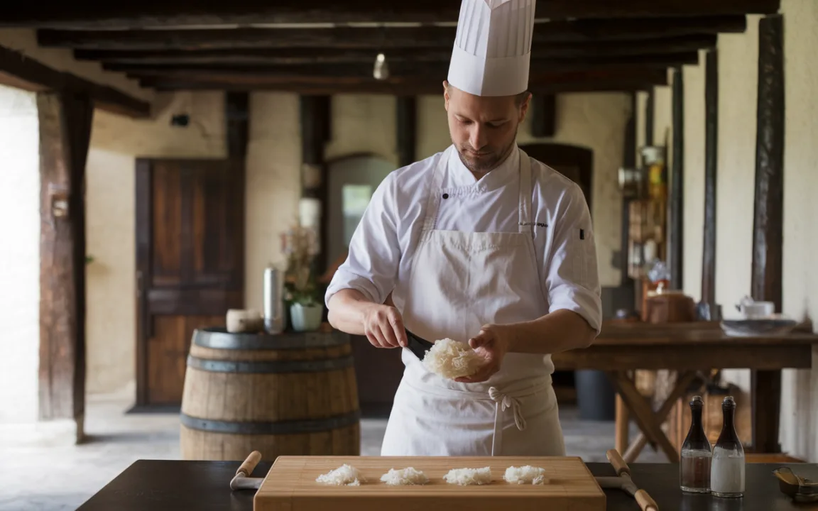 Un chef cuisinier prépare des portions de riz sur une planche à découper dans une cuisine rustique.