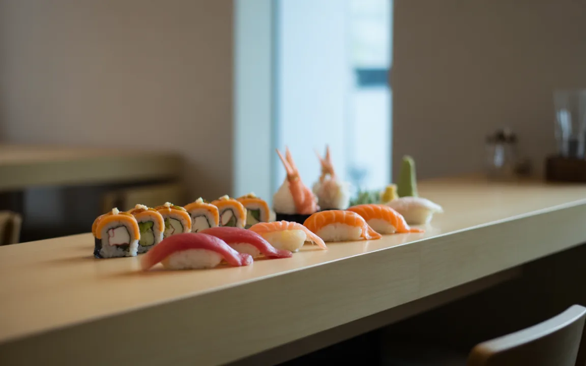 Assortiment de sushi variés, avec des nigiris et makis, disposés sur une table en bois dans un environnement lumineux et moderne.