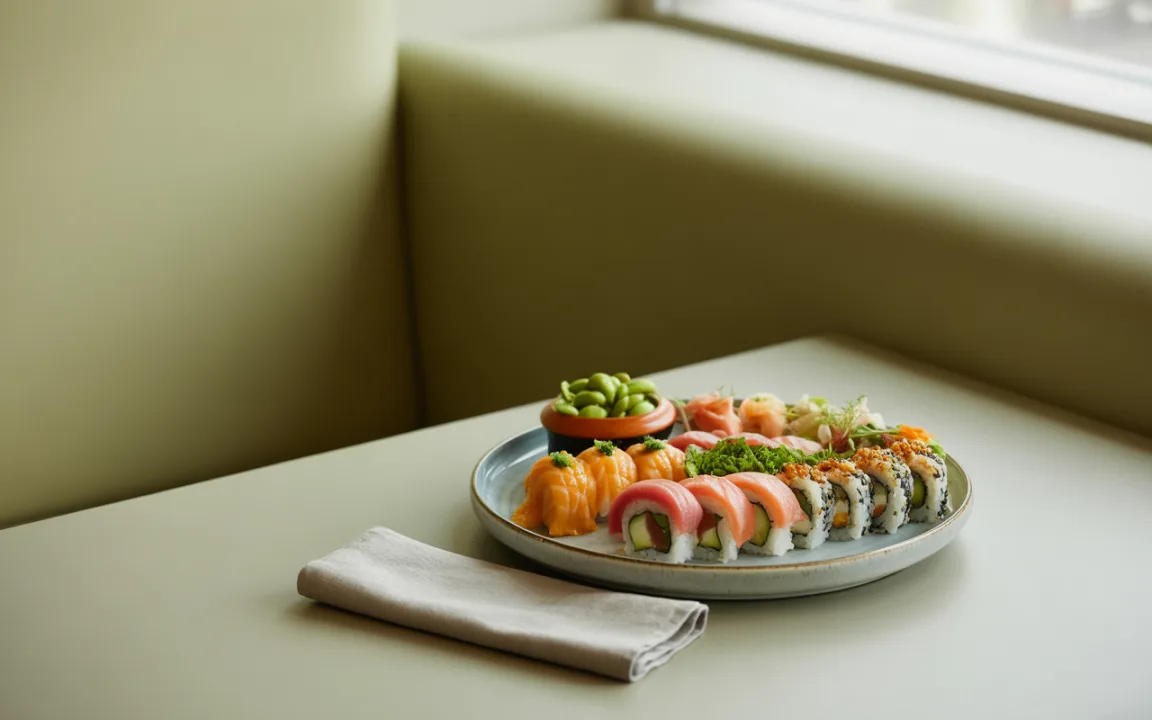 Assiette de sushi colorés, incluant poisson cru, accompagnée de légumes et d'une serviette sur une table claire.