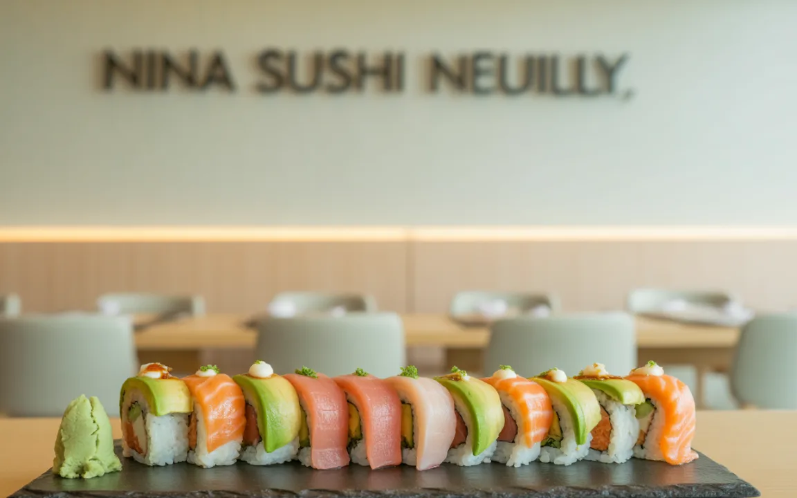 Assiette de sushi colorés avec wasabi, sur une plaque noire, dans un restaurant élégant avec le nom "Nina Sushi Neuilly" en arrière-plan.