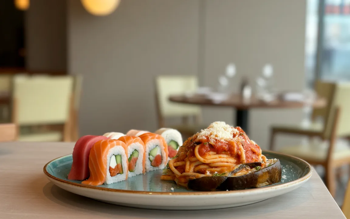 Assiette présentant des sushis variés à gauche et des spaghetti à la sauce tomate garnis de fromage à droite. Fond contemporain.