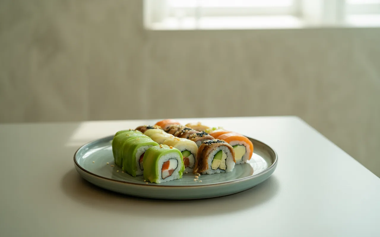 Assiette de sushi colorés, comprenant des rouleaux avec avocat, poisson, et légumes, sur une table claire et lumineuse.