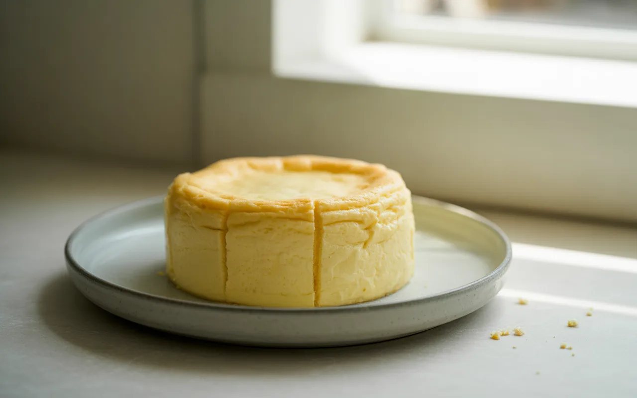 Un gâteau mousseux de couleur jaune clair sur une assiette, illuminé par la lumière naturelle d'une fenêtre.