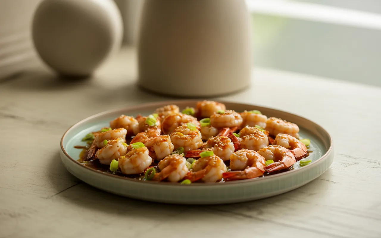 Crevettes caramélisées sur un plat avec sauce, garnies d'oignons verts, présentées sur une table en bois clair.