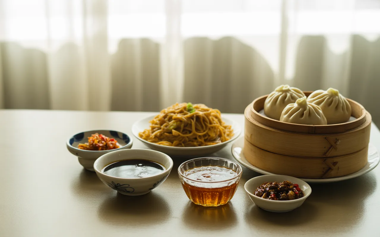 Repas asiatique composé de nouilles, buns à la vapeur, sauces et condiments, servi sur une table près d'une fenêtre.