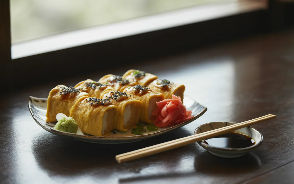 Assiette de sushi avec ômelette japonaise, garnitures de gingembre et wasabi, accompagnée de sauce soja et de baguettes.