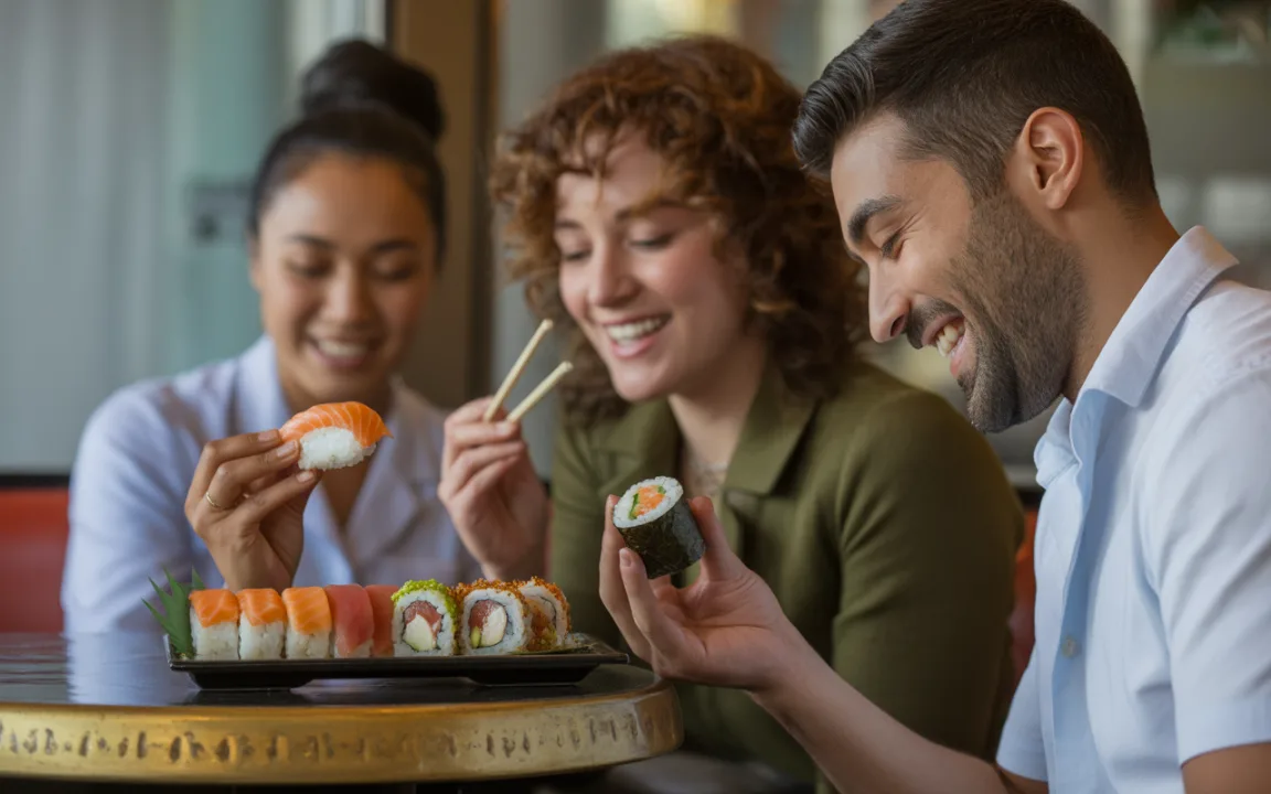 Trois personnes dégustent des sushis dans un restaurant, souriant et partageant des baguettes autour d'une assiette de sushis variés.