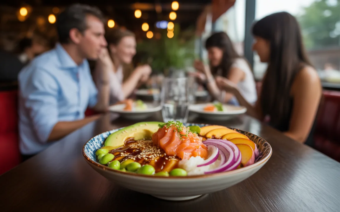 Un plat de sushi coloré avec saumon, avocat, edamame et sauce, au premier plan, pendant que des convives mangent en arrière-plan.