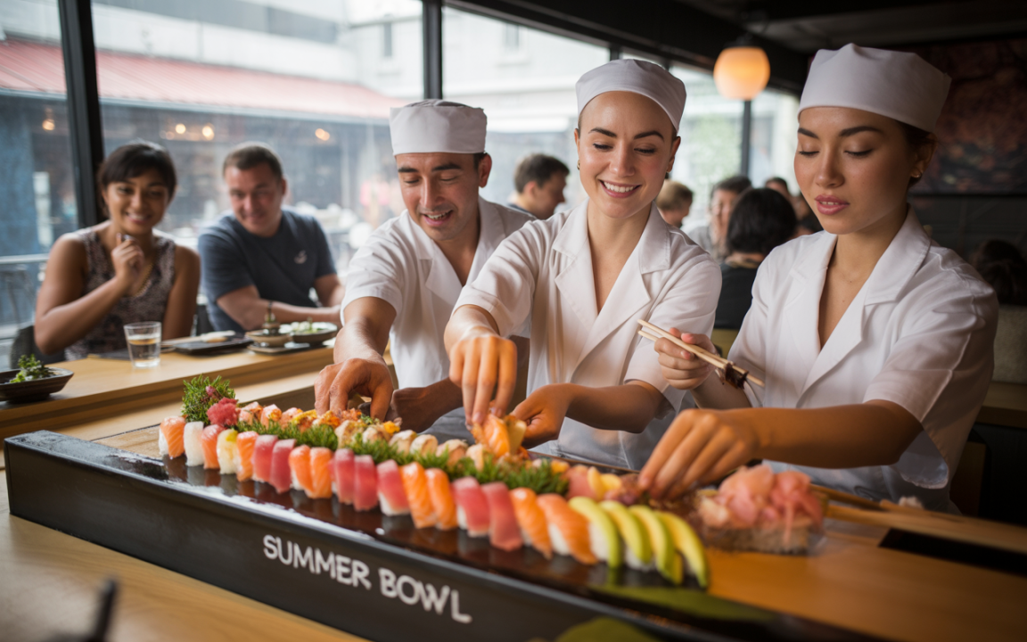 Des chefs sushis préparent des assortiments de sushi colorés devant des clients dans un restaurant moderne.