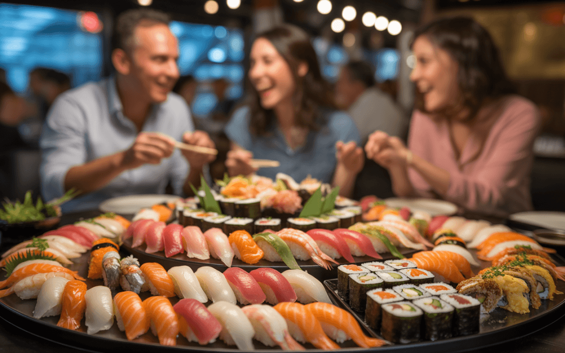 Trois personnes rient devant un plateau de sushi variés, avec des couleurs vives et des légumes, dans un restaurant animé.