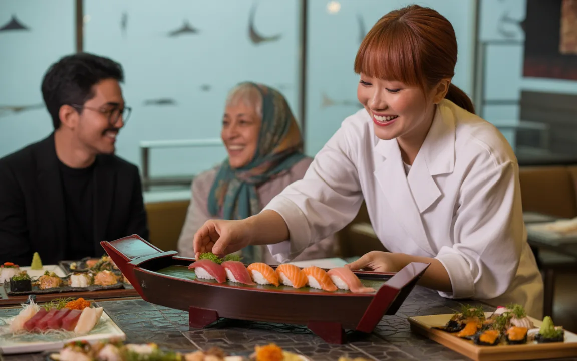 Une chef souriante prépare des sushis dans un restaurant, avec des platters de sushis variés et des clients attentifs.