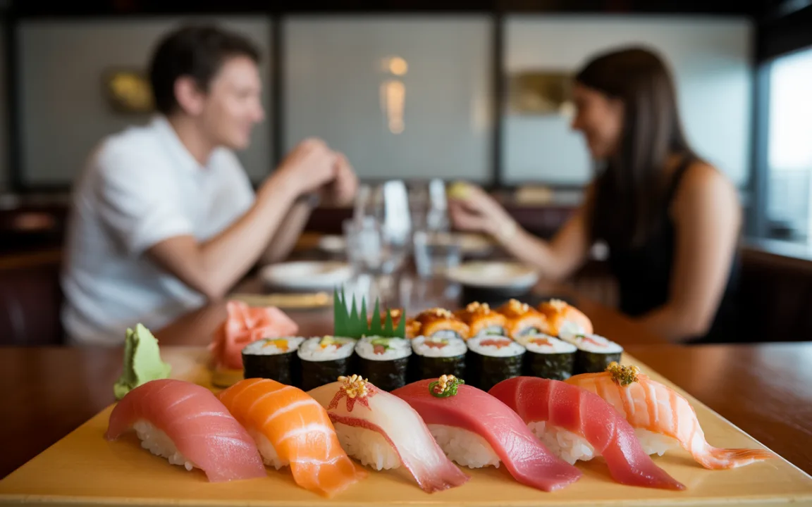 Deux personnes à table savourent un assortiment de sushi, avec des plats colorés en avant et un cadre élégant en arrière-plan.