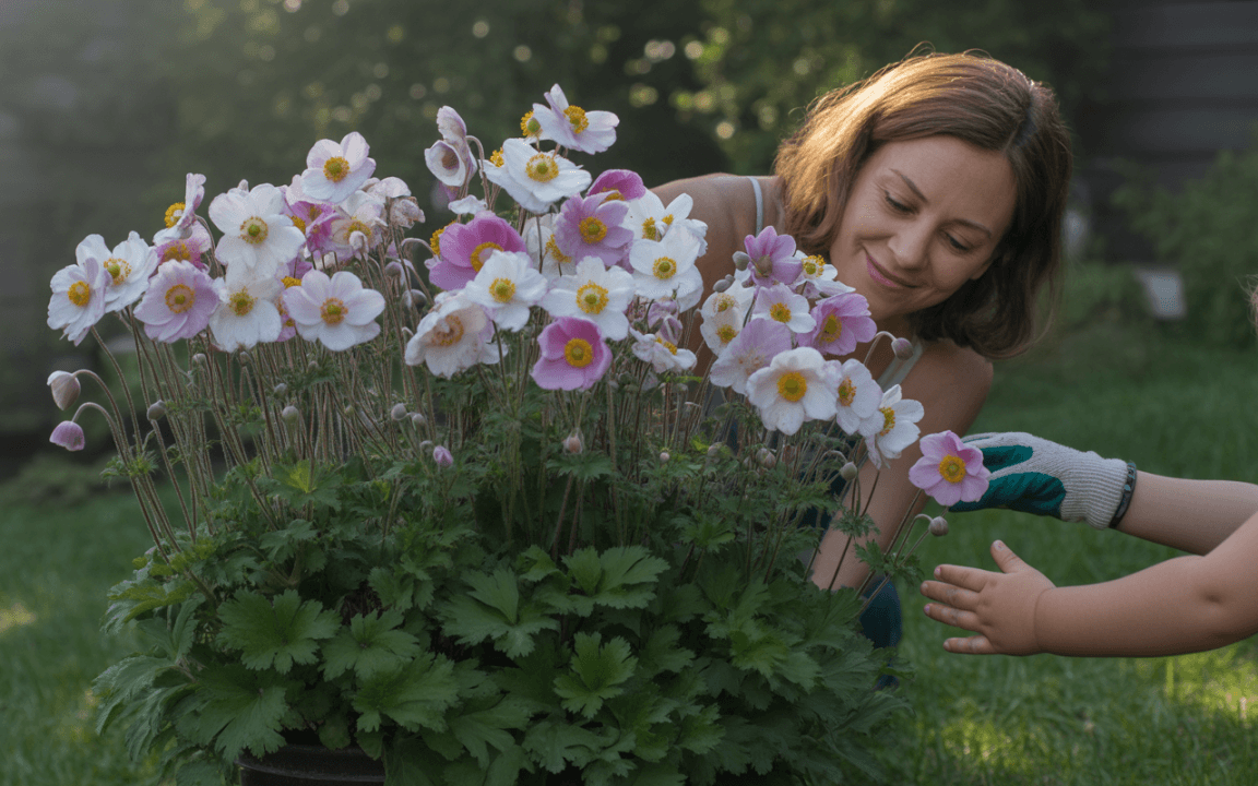 Femme souriante avec des gants de jardinage, entourée de fleurs roses et blanches, aidée par un enfant. Ambiance tranquille en extérieur.