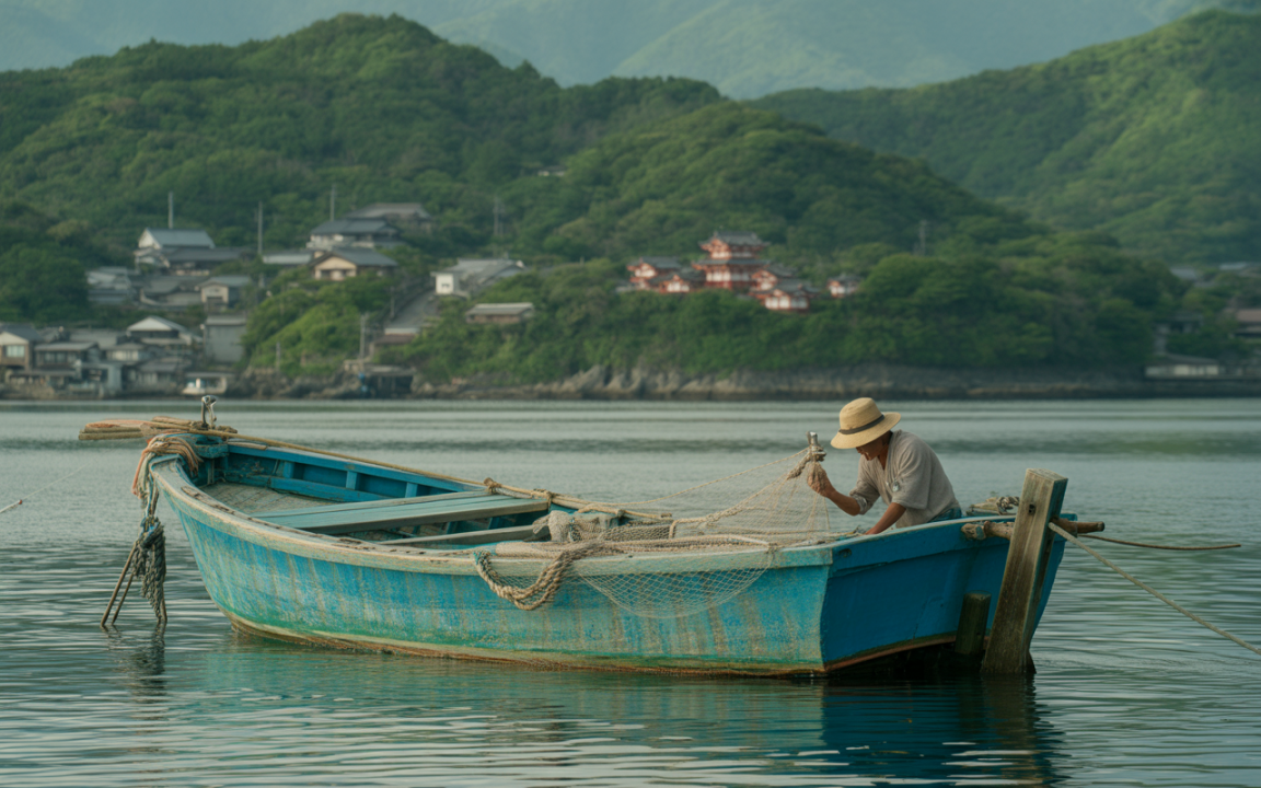 Un homme en chapeau travaille sur un bateau bleu dans un paysage paisible avec des collines verdoyantes et des maisons en arrière-plan.