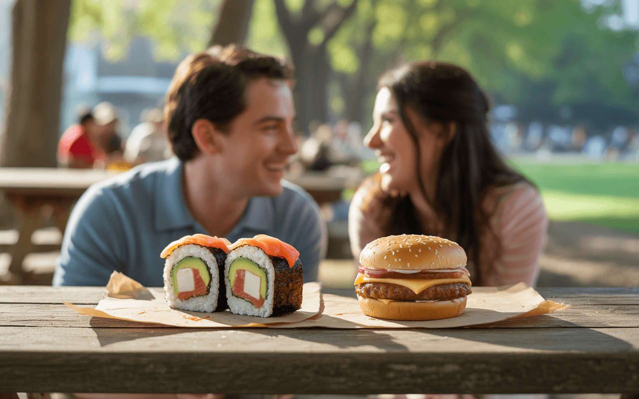 Deux plats jouxtent une table en bois : des sushis colorés à gauche et un hamburger succulent à droite, avec un couple souriant en arrière-plan.